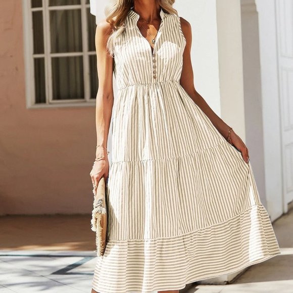 . Dresses & Skirts - Multicolor Boho Womens Striped Print Notched Neck A-line Dress